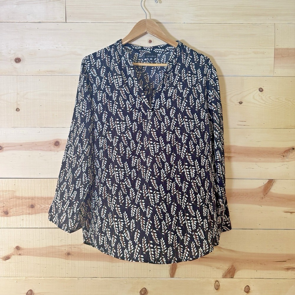 Zenobia Women's 3XL Black Leaf Print Split Neck Blouse Long Sleeve Plus Size